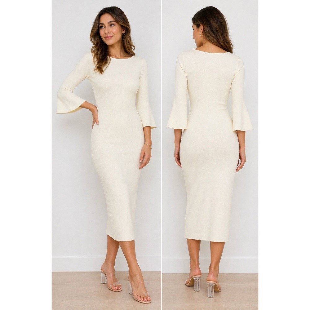Anthropologie Cream Knit Midi Dress Bodycon Stretch Minimalist Size S